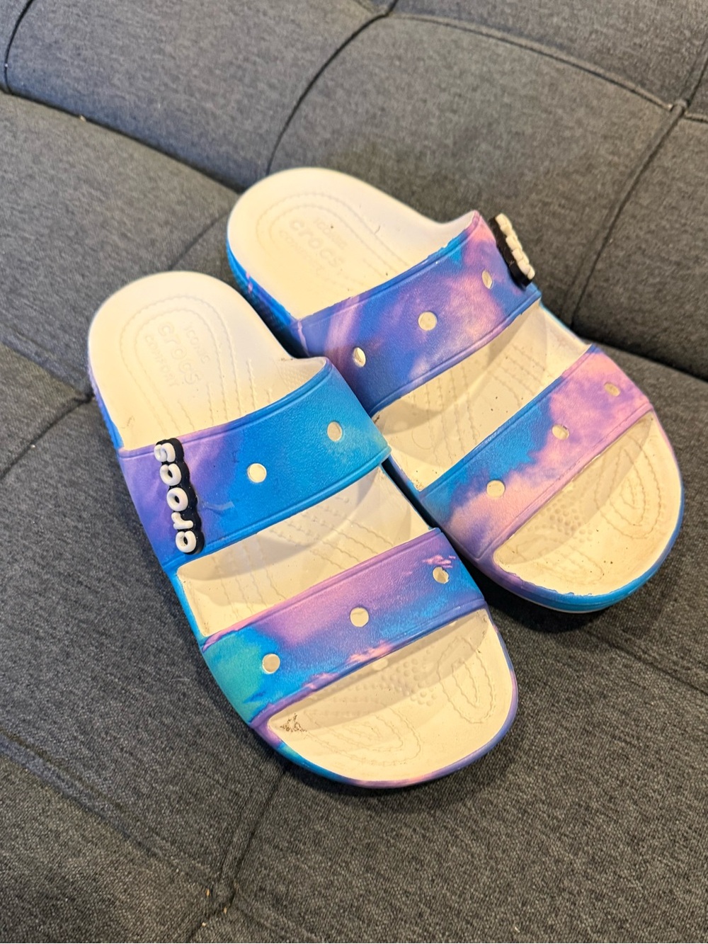 CROCS Kids Tie-Dye Double-Strap Slide Sandals in Blue and Purple